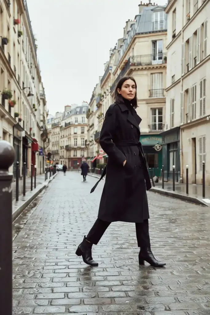 16 Chic All-Black Outfit Ideas 9 Black Trench Coat as the Chic Hero Piece Outfit