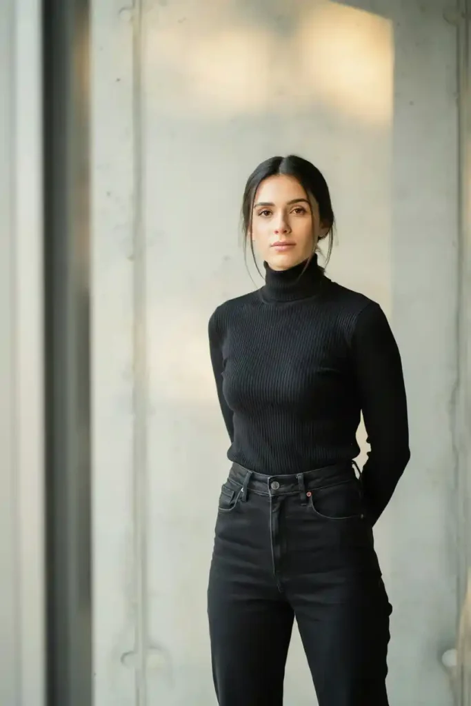 16 Chic All-Black Outfit Ideas 2 Black Turtleneck and High-Waist Black Jeans