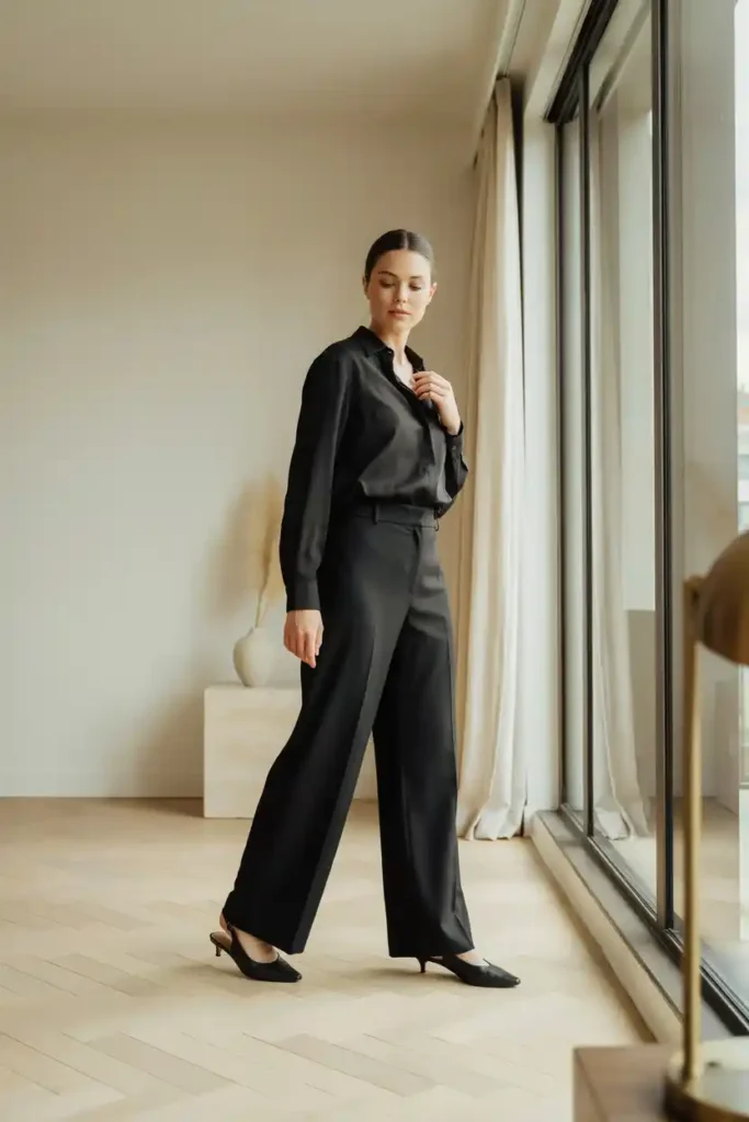 16 Chic All-Black Outfit Ideas 6 Black Wide-Leg Trousers with a Black Silk Blouse