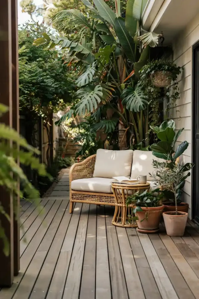 Wicker Furniture with Lush Greenery and Planters