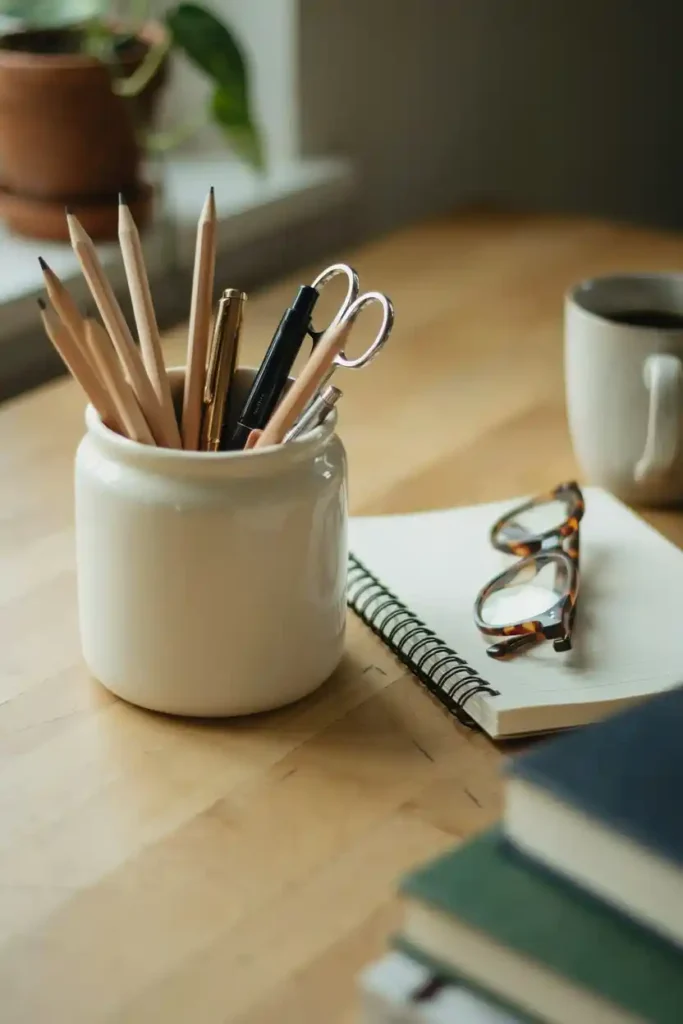 16 Upcycled Candle Jar Ideas 4 Desk Pencil and Pen Organizer