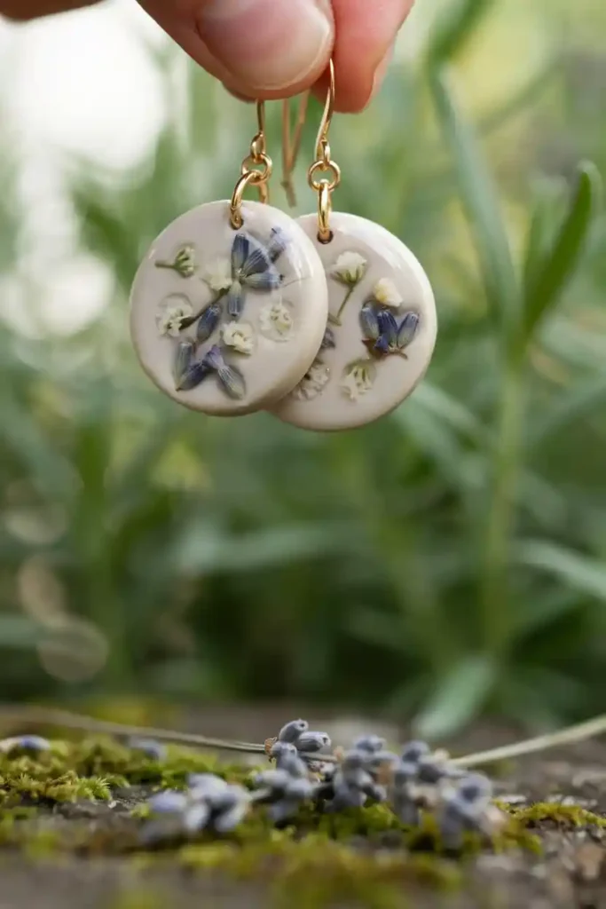 16 Polymer Clay Earring Ideas 9 Dried Flower Resin and Clay Mix Earrings