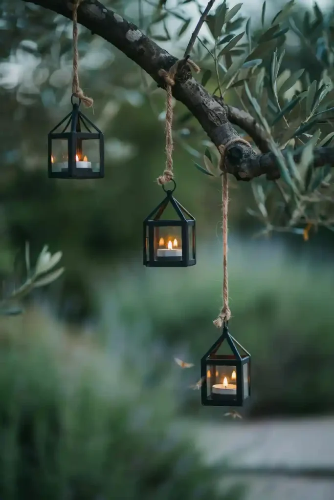 16 Minimalist Garden Lighting Ideas 11 Hanging Candle Lanterns from Tree Branches