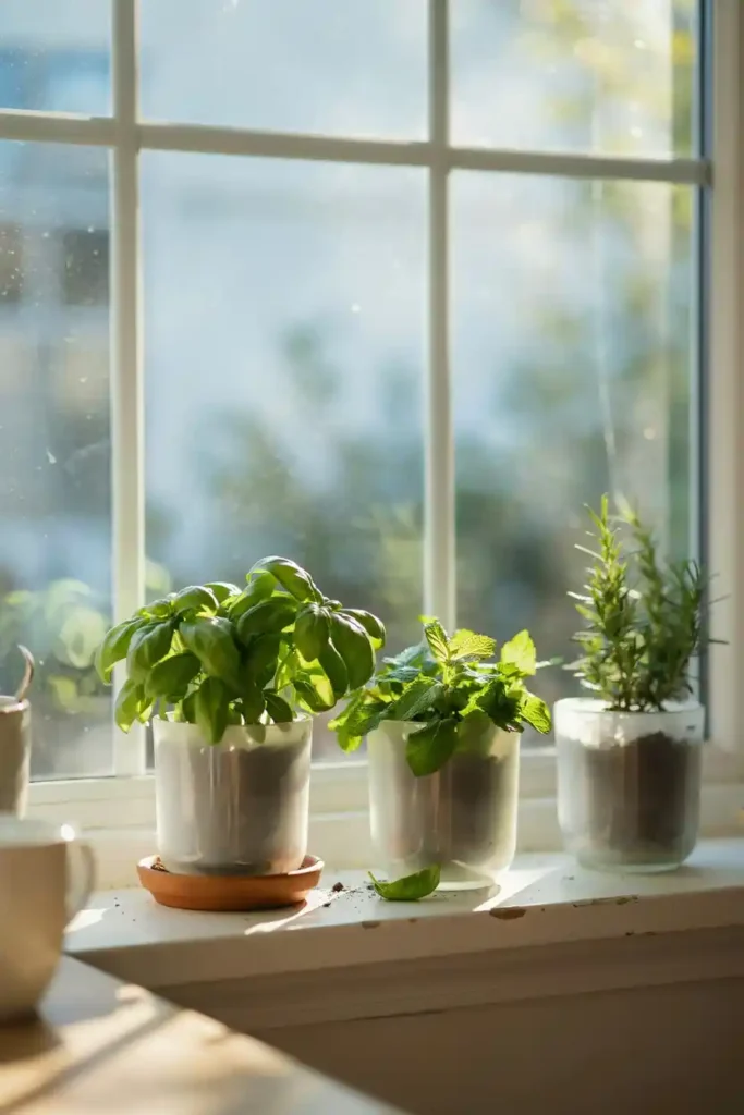 16 Upcycled Candle Jar Ideas 2 Herb Garden on the Kitchen Windowsill