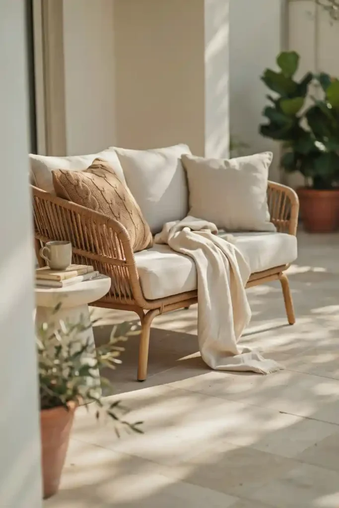Layer Neutral Cushions on a Wicker Sofa Set