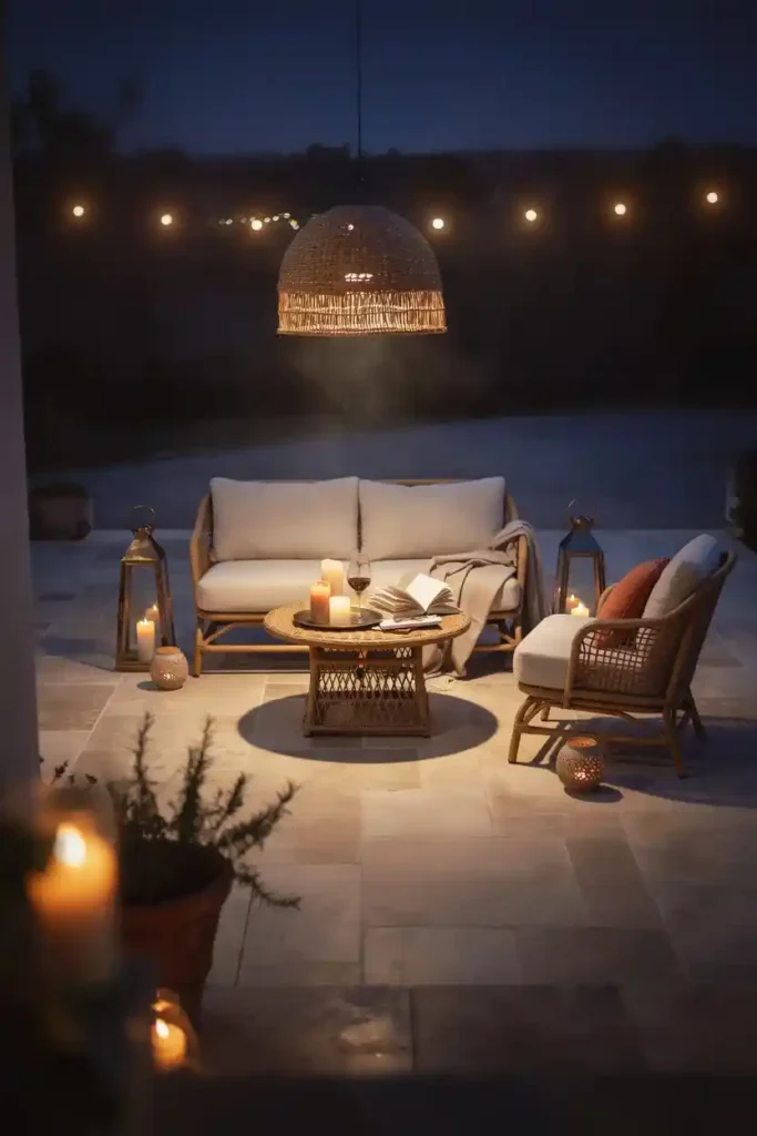 Layer Outdoor Lanterns and Candles Around Wicker Furniture