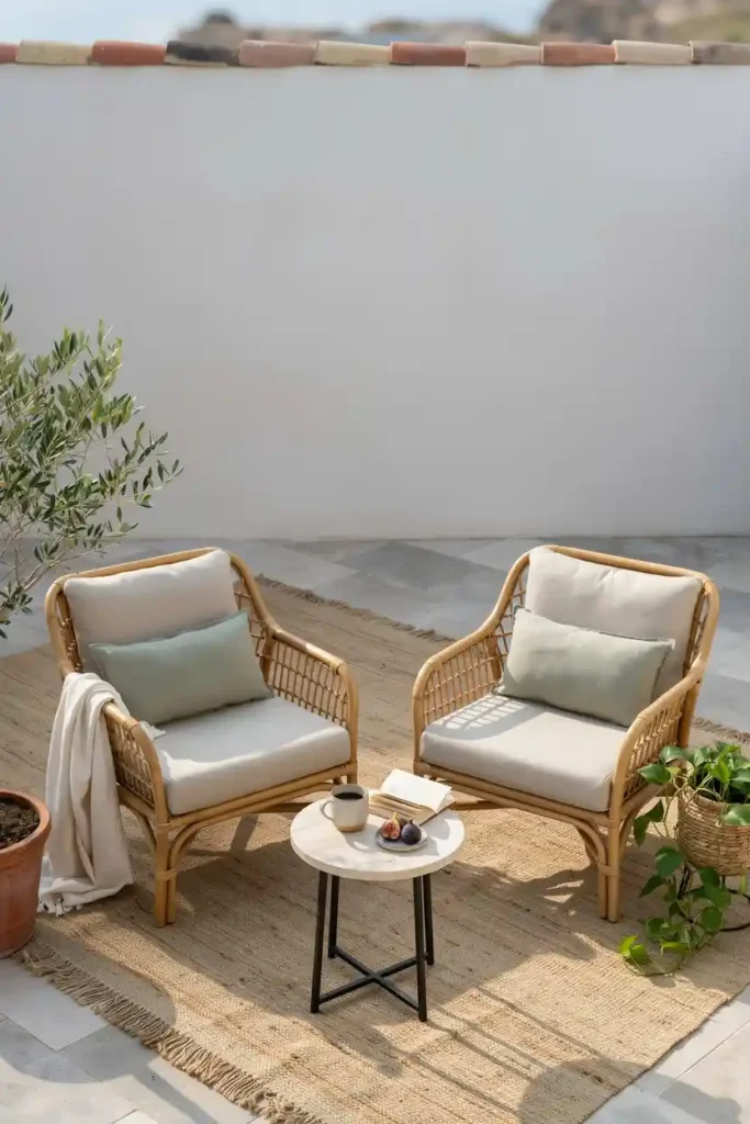 Pair Wicker Chairs with an Outdoor Jute or Sisal Rug