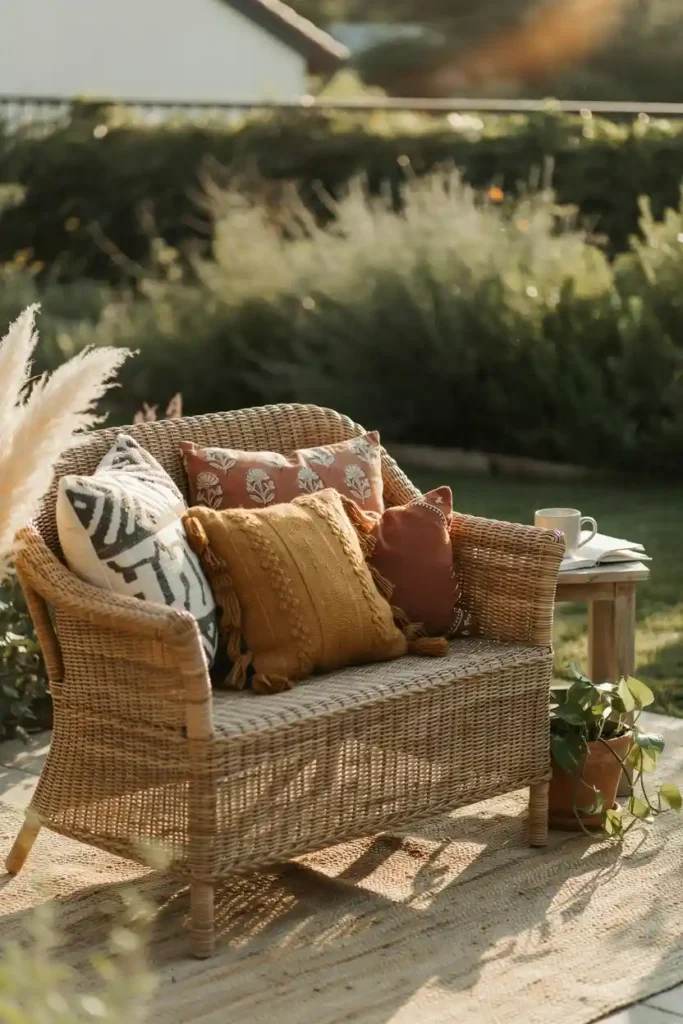 Wicker Loveseat with Boho Throw Pillows